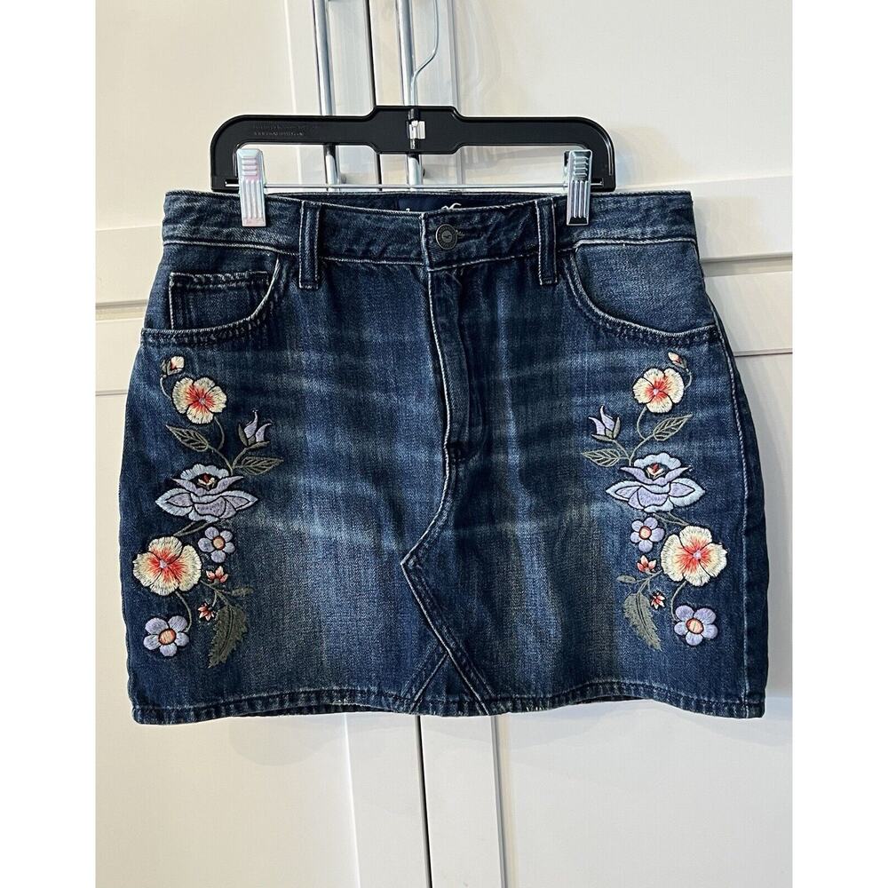 Hollister Denim Mini Skirt Sz 7 28 High Rise Embroidered Floral Y2K Jeans Vtg M